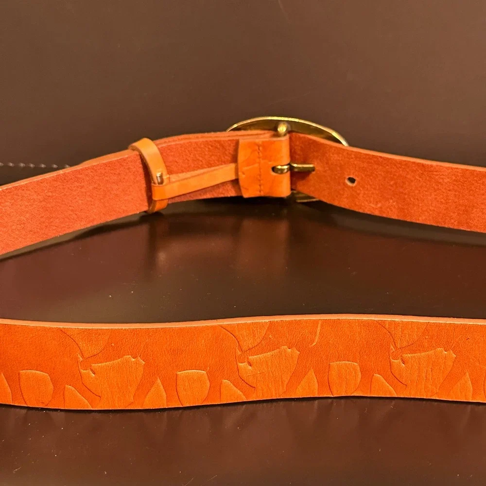 Coldwater Creek Mens Orange Genuine Leather Embossed Floral Belt Brass Buckle L